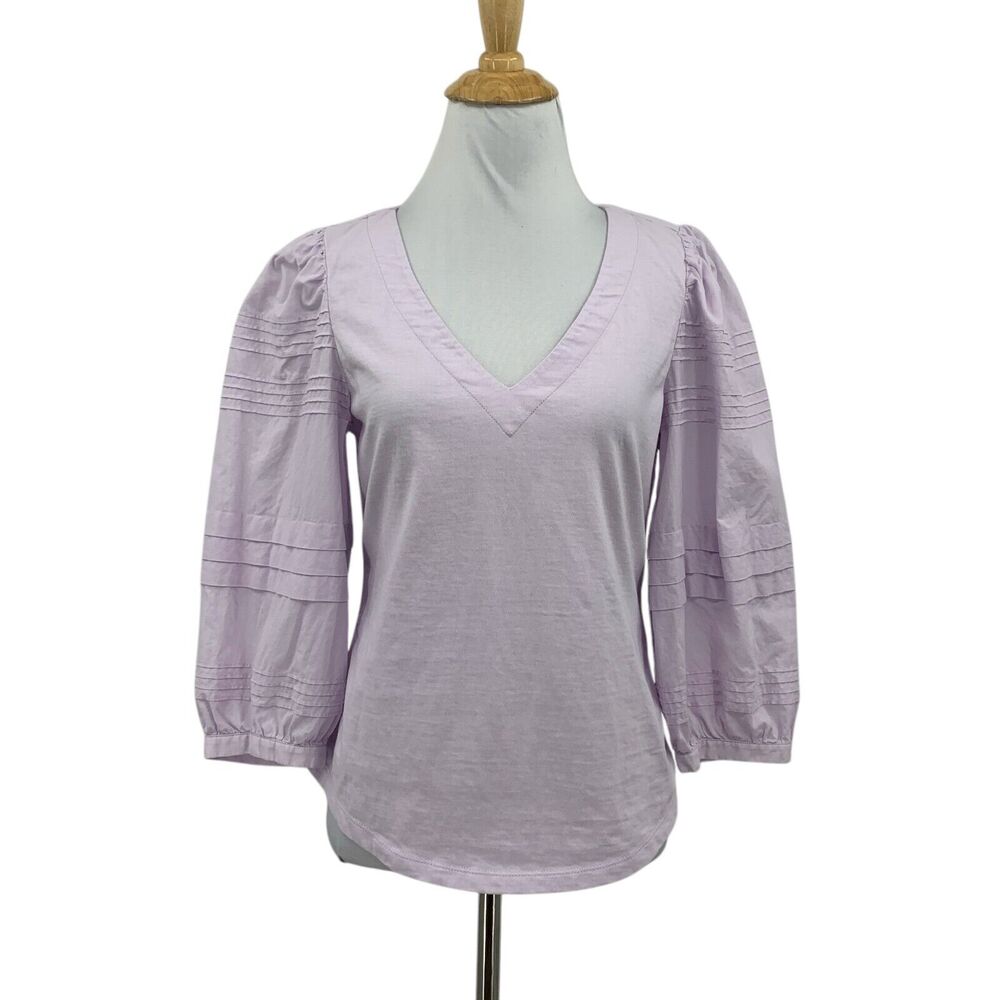 Rebecca Taylor La Vie Blouse Womens XS Lavender Puff Sleeve Pintuck V Neck Shirt